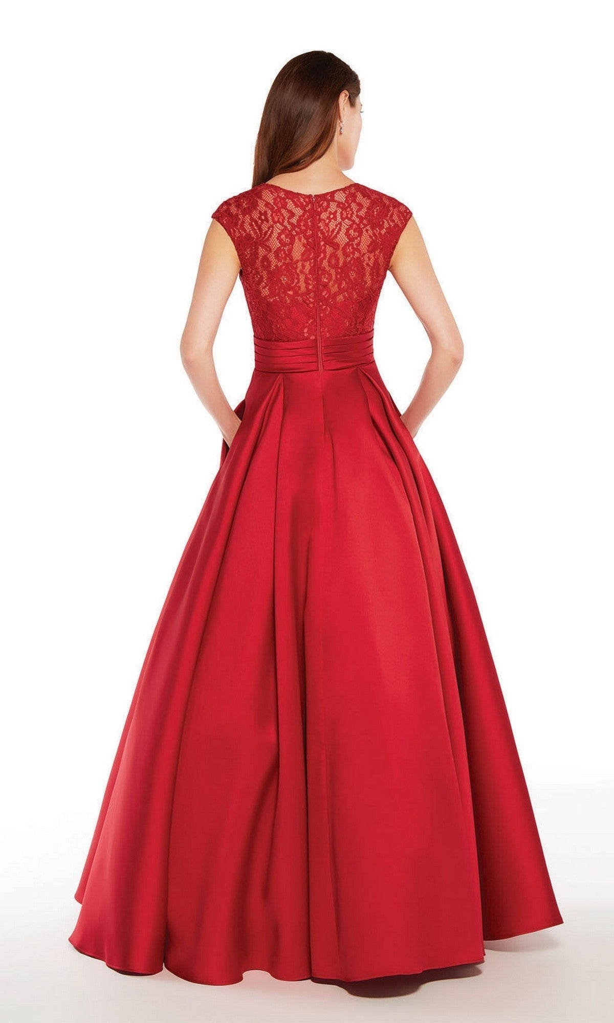 A woman is shown from the back wearing the Alyce 27278 long formal dress, which features a floor-length skirt, beaded lace bodice, and cap sleeves, standing against a white background.
